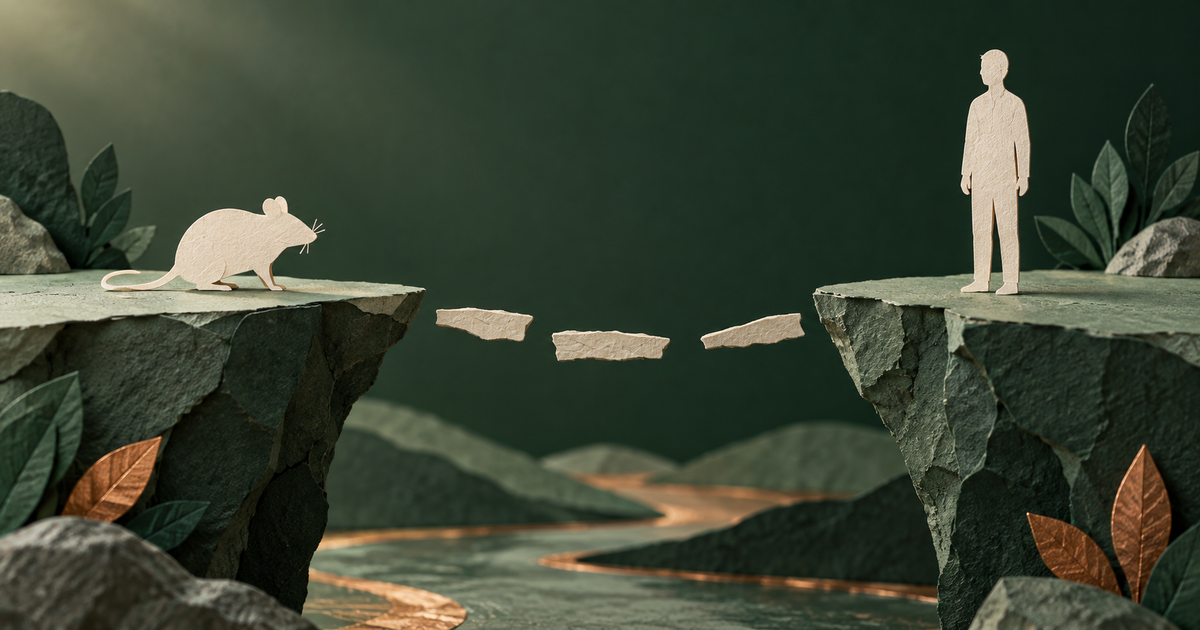 Paper mouse and human figures separated by an incomplete path.