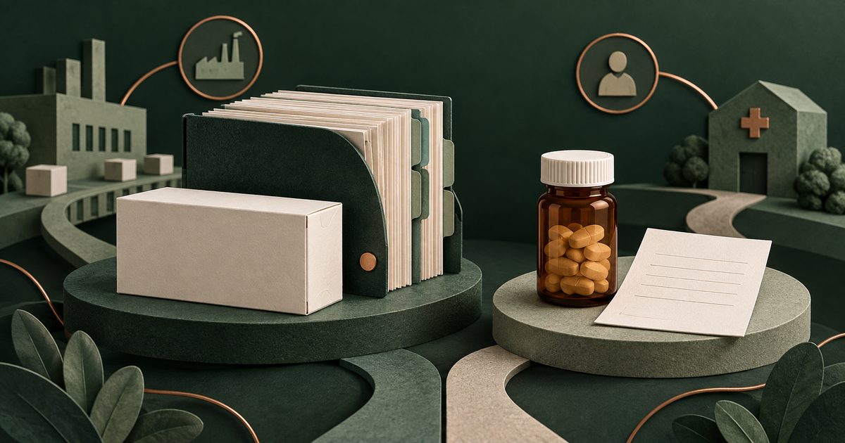 A product carton with a thick dossier and a pharmacy bottle with an individual record.