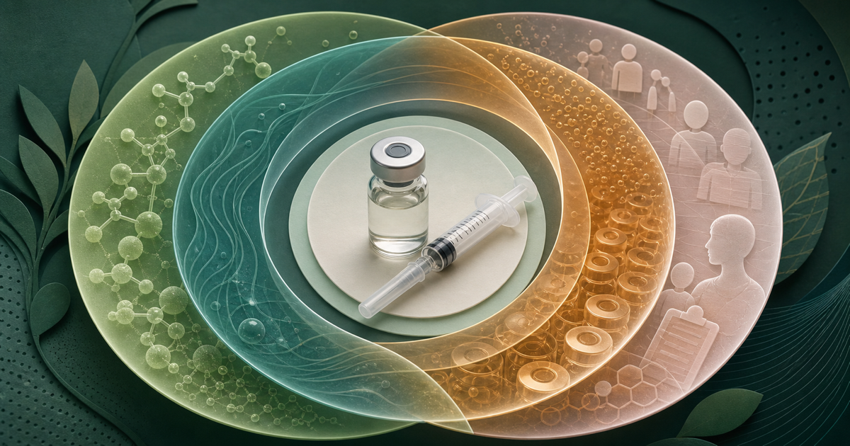 A sealed vial and capped syringe surrounded by overlapping molecule, route, product-quality, and clinical-care layers.