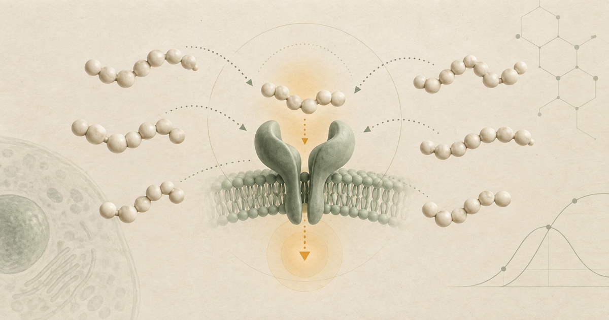 Several short bead chains around an abstract receptor and signal pathway.
