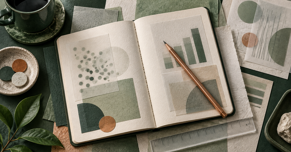 An open notebook with abstract charts, a pencil, and a transparent ruler.