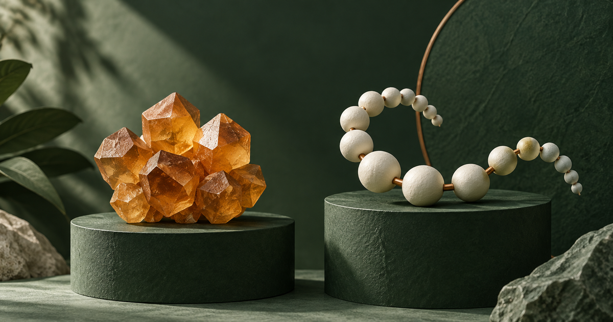 An amber cluster and an ivory bead chain on separate platforms.