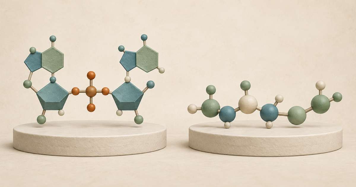 A dinucleotide-like form and a short amino-acid-like chain on separate platforms.