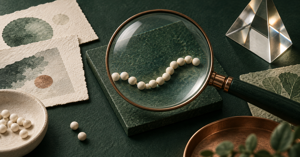 A magnifying glass examining a bead chain beside test papers.