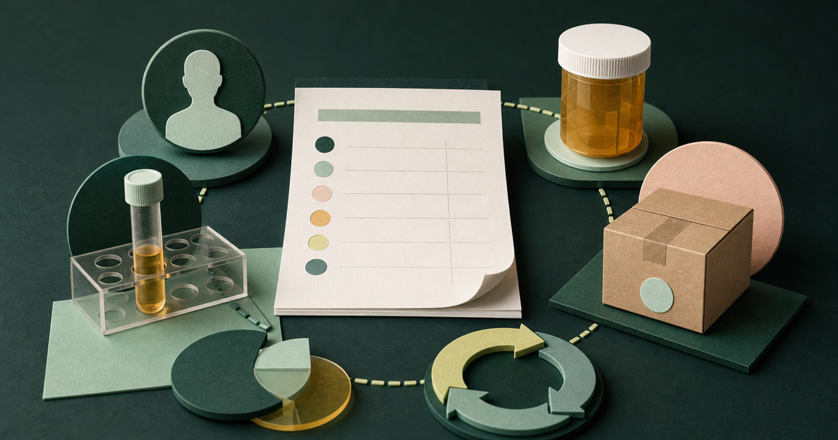 An itemized care record surrounded by clinic, laboratory, pharmacy, shipping, and recurring-service components.