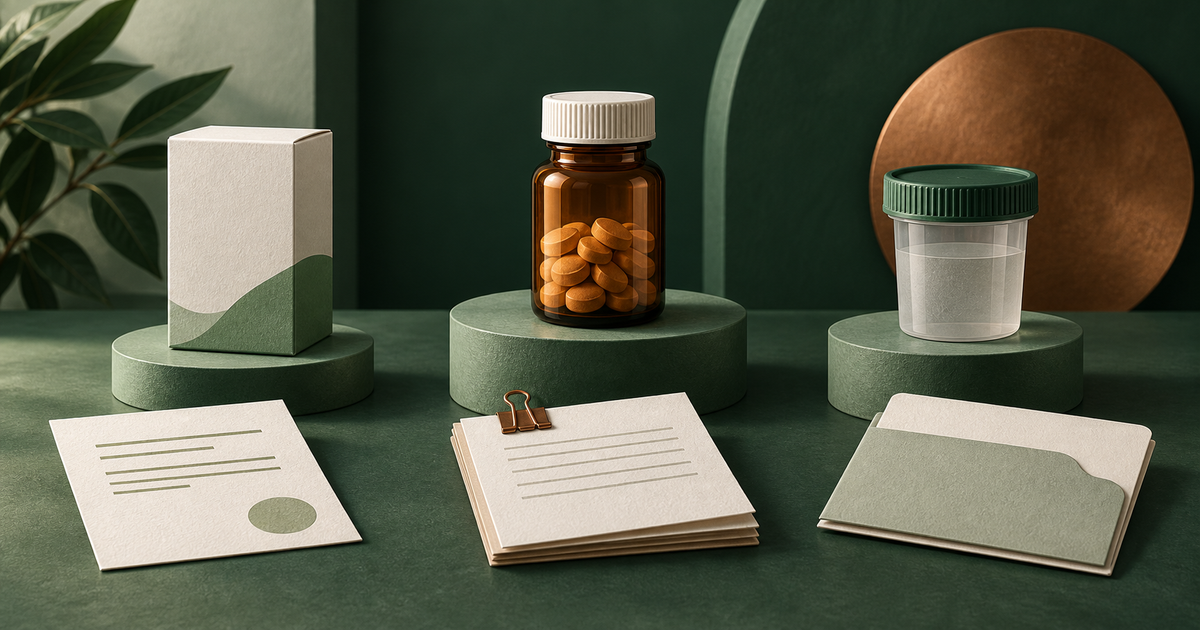 Three different product containers with separate paper records.
