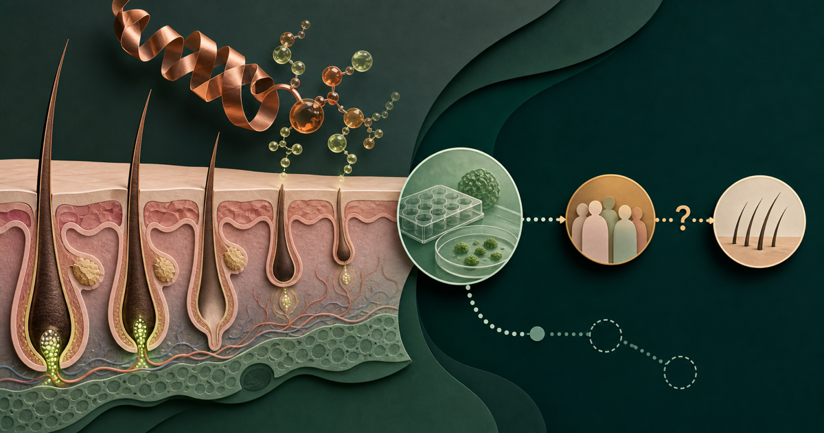 Hair follicles, laboratory evidence, and visible human outcomes connected by an uncertain path.