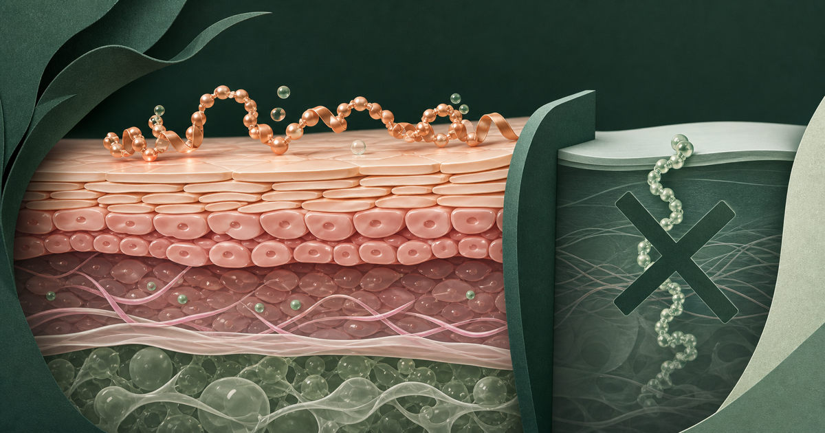 A copper-colored peptide at the skin surface beside a blocked route into deeper tissue.