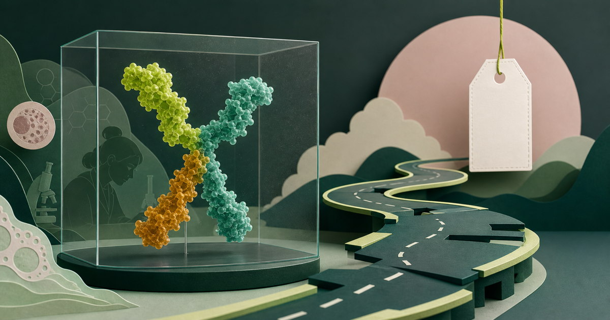 An investigational triple-path molecule behind glass with an unfinished road to a blank price tag.