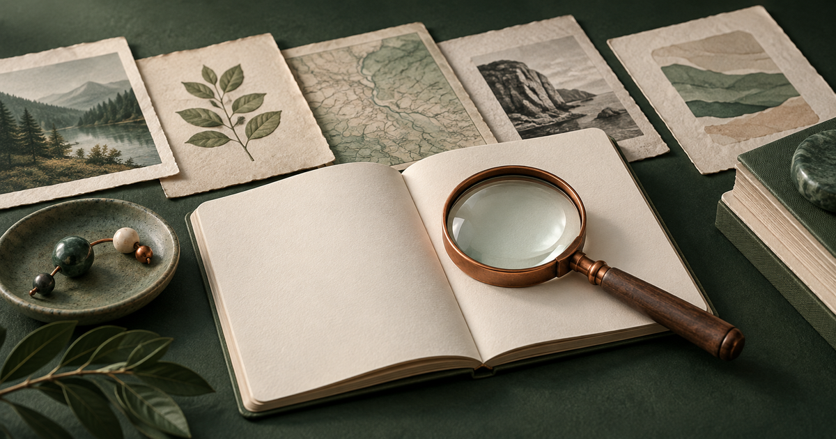 A magnifying glass on an open notebook beside separate reference papers.