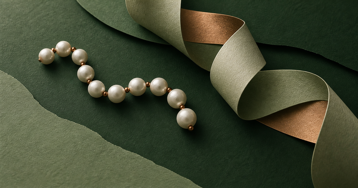 A short ivory bead chain beside a folded sage ribbon.